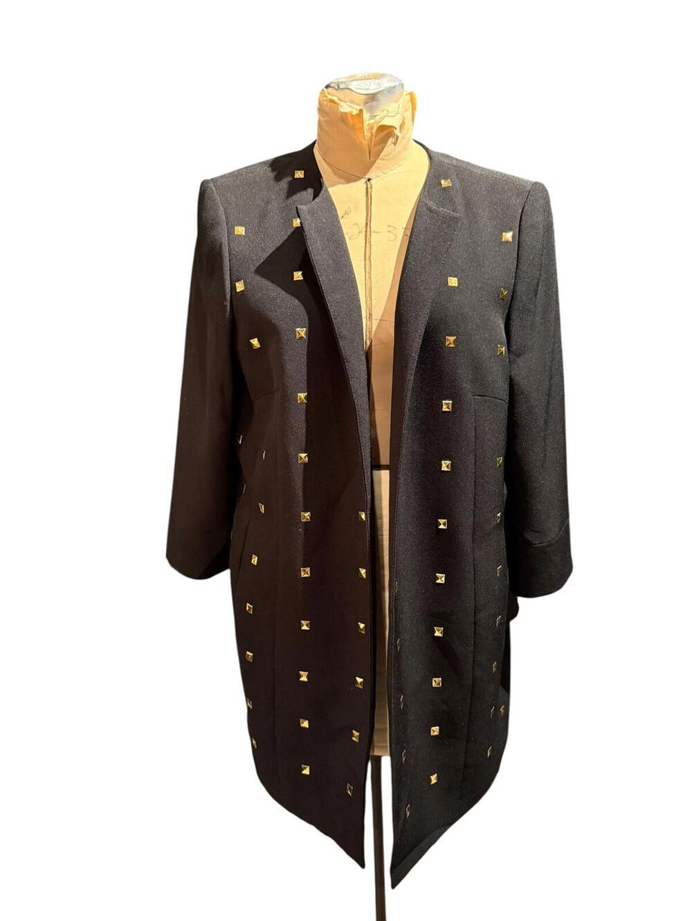 Kasper Black Long Coat with Gold Stud Embellishments